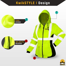 KwikSafety - Charlotte, NC - ROGUE Safety Jacket for Women [NO FUZZ BALLS] Class 3 ANSI OSHA Reflective Hi Vis Womens Fleece Hoodie/Yellow XS