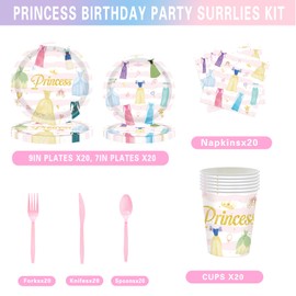 Nicime Cartoon Princess Birthday Supplies, Cute Happy Birthday Tableware for Kid, Party Decoration Supplies with Plate, Napkin, Paper Cup, Fork, Knife, Spoon