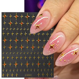 6 Sheets Star Nail Art Stickers 3D Self-Adhesive Gold Stars Celestial Nail Stickers Red Gems Nail Design Decals Bronzing Pentagram Nail Decals Holiday Nails Supplies for Women Nail Art Decor