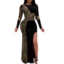 Ranfare Women's Nightclub Dress Party Dresses Bodycon Rhinestone Gown Evening Dress with Slit (Golden 8, L)
