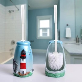 JIUJ Compact Toilet Brush Bathroom Toilet Brush Holder Cartoon Lighthouse Resin Toilet Scrubber Set Blue