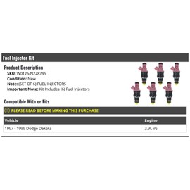 Fuel Injector Kit Set of 6 - Compatible with 1997-1999 Dodge Dakota 3.9L V6
