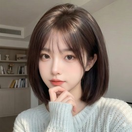 Leesheer Women's Short Hair 100% Handmade Full Wig Daily Natural Full Wig, 1 Piece, Black / Leesheer 여성 단발 머리 100% 수제 전체가발 데일리 내추럴 통가발, 1개, 블랙