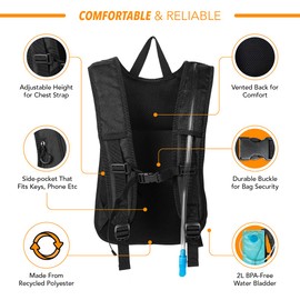 Vibe Hydration Pack Backpack with 2L Bladder for Women, Men, Teens, Kids - Sports, Outdoor, Running, Camping, Hiking, Festivals, Raves (Black)