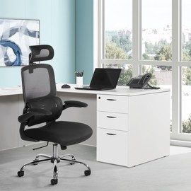 Office Star Executive Seating Mesh Back and Fabric Seat Adjustable Manager's Office Chair, Flip Arms, 2D Headrest, Black with Black Frame