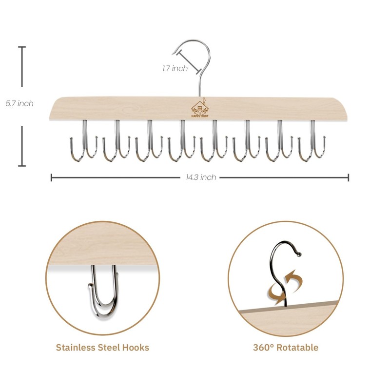 Belt Hanger,Closet Organizer Rack,14 Hooks Wooden Storage Rotating Hanger with