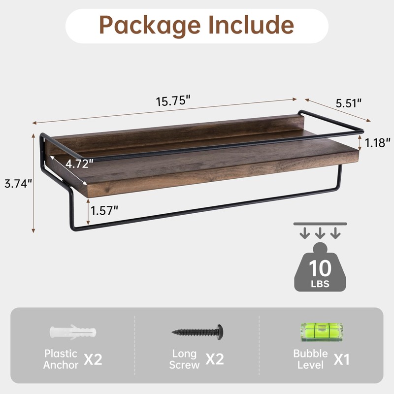 Bathroom Floating Shelves With Towel Bar - Solid Walnut Wooden