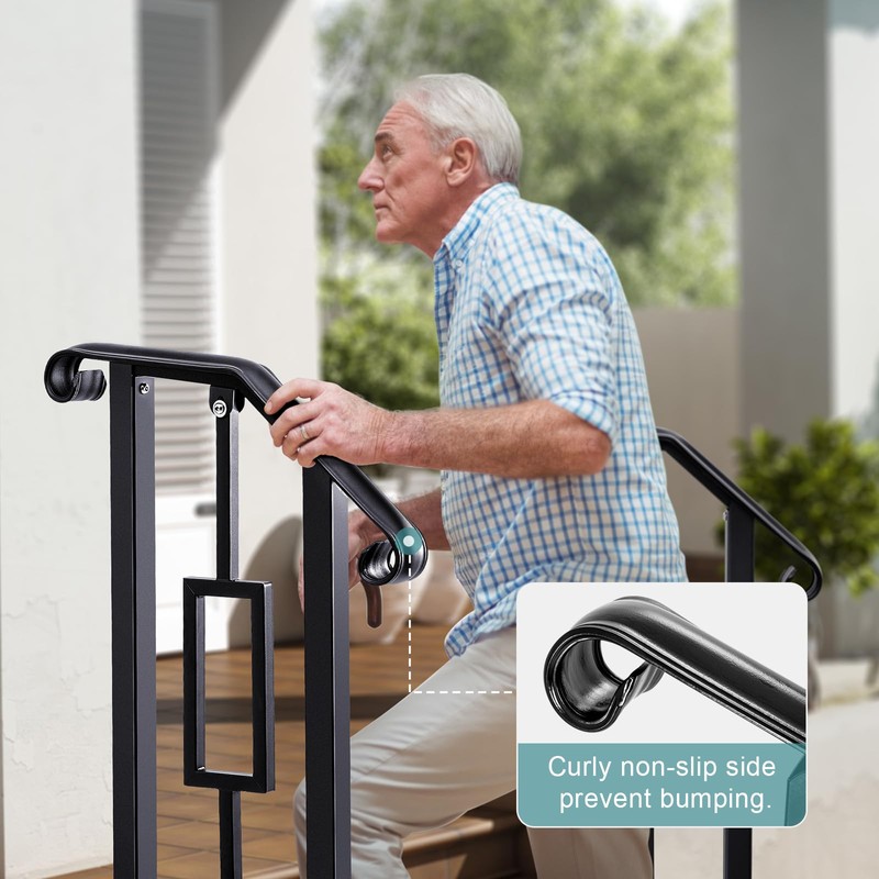 LMRSTOO Black Handrails for Outdoor Steps, Heavy Duty Double Post