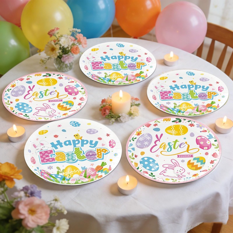 Easter Paper Plates Colorful Eggs Bunny Dessert Plates for Spring