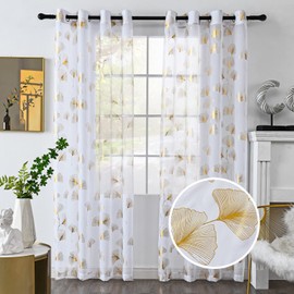 youleyar Gold Foil Print Voile Sheer Curtains, Leaves Grommet Top Window Drapes 63 Inches Long, Luxury Metallic Bronzing Treatment Panels for Home Window Decoration, 2 Panels