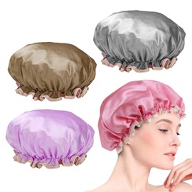 WUBAYI Duschhaube, Badekappe, doppellagig, wasserdicht, mit elastischem Band, wiederverwendbare Duschhaube für Damen und Herren, weicher Rüschenrand, um die Ohren zu bedecken, Salon, Familiengebrauch