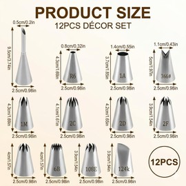 Set of 12 Stainless Steel Piping Nozzles, Large Piping Nozzles for Piping Bags, Professional Nozzles for Decorating Cakes, Cupcakes and Muffins, Baking Accessories