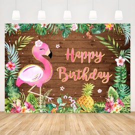 APROPHIC 2.1 x 1.5 m Flamingo Birthday Banner Background Summer Tropical Fruits Palm Leaf Photo Background Happy Birthday Flamingo Decoration Happy Birthday Banner