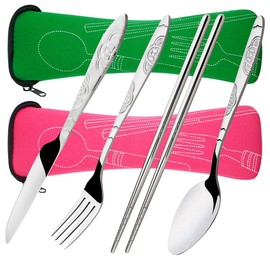 8 Pieces Flatware Sets Knife, Fork, Spoon, Chopsticks, SENHAI 2 Pack Rustproof Stainless Steel Tableware Dinnerware with Carrying Case for Traveling Camping Picnic Working Hiking(Green,Pink)