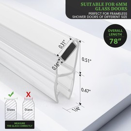 Bathroom Shower Glass Door Side Seal Strips, Length 78 Inch 2PCS Transparent PVC Door Side Seall Strips with Magnetic Stripe for 3/8" (10MM) Thick Framless Glass Panel