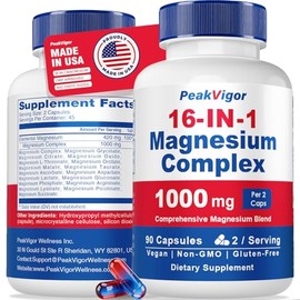 16 in 1 Magnesium Complex, 1000mg Magnesium Complex Supplement for Women with Magnesium Glycinate, Citrate, Orotate, L-Threonate, Malate, Sleep Support, Third-Party Tested, Easy-Swallow Vegan Capsules