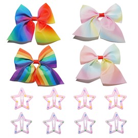 INSbobo Girls Hair Clips Set - 4 Rainbow Bows & 8 Star Clips for 1-10 Year Olds, Christmas Halloween New Year Party Accessories (12 PCS)