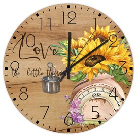 15 Inch Wood Wall Clocks Love The Little Things Watercolor Floral in Mason Jar Wall Decor for Home Custom Sunflower Artwork Wall Clocks Round Wooden Wall Clock Vintage for Indoor Study Room