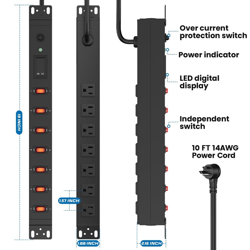 HHSOET 7 Outlet PDU Power Strip with Digital Display, 1U,