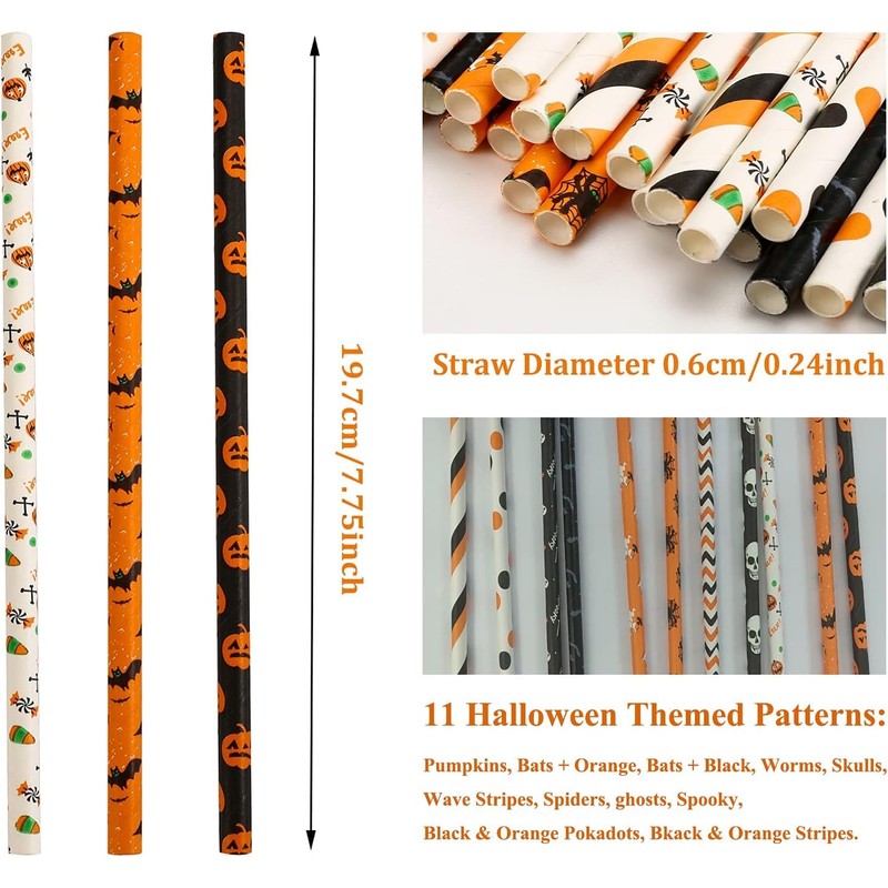 Halloween Paper Straws Decorations - 50Pcs Black Orange Drinking Straws