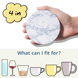 LIFVER Coasters - Coasters Set of 6 - White Marble Style Ceramic Round Coasters with Cork Base and Holder, Drink Coasters for Women Men for Various Cups, Tables & Home Decor - 4 ''