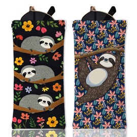 GLOBLELAND Pack of 2 Cute Soft Glasses Case with Sloth Forest Branches and Maple Leaves Travel Glasses Bag Made of PU Leather Portable Glasses Case Bag with Squeeze Closure for Watches Mobile Phones