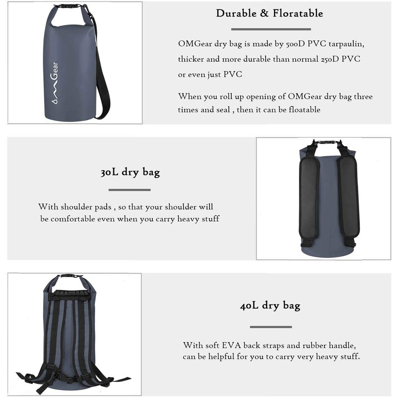 OMGear Waterproof Dry Bag Backpack Waterproof Phone Pouch 40L/30L/20L/10L/5L Floating
