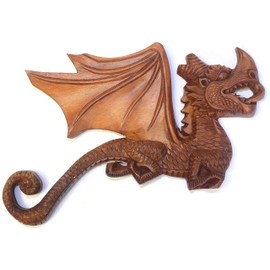 Brave Wings Hand Carved Wooden Dragon Relief Panel ~ Winged Dragon 9 ~ OOAK Ornament Sculpture Figurine Statue Unique Wall Decoration Home Decor Gift for Christmas and Birthdays ~ 4314