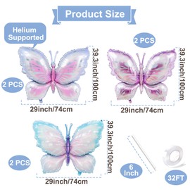 6 Pieces 39 Inches Butterfly Balloons - Large Gradient Butterflies Foil Mylar Balloons for Birthdays, Garden, Spring Decorations, Butterfly-Themed Events, Baby Shower, and Wedding Party Supplies