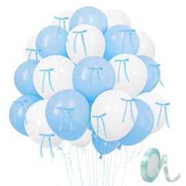 30 PCS Bow Balloons Blue White Bow Theme Balloons for Birthday Party Decorations Coquette Bachelorette Baby Shower Wedding Decor Engagement Bridal Party Supplies