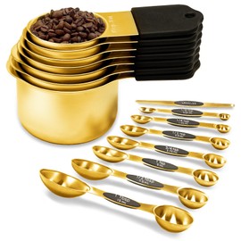 LIFETOWE Magnetic Measuring Cups and Spoons Set, Including 7 Stainless Steel Nesting Gold Measuring Cups & 8 Magnetic Gold Measuring Spoons with 1 Leveler for Cooking & Baking