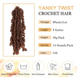 8 Inch 8 Packs Pre-looped Yanky Twists Hair Pre-Twisted Spring Twists Hair Senegalese Twist Crochet Hair with Curls Synthetic Braiding Hair (#30, 8 Inch (Pack of 8))