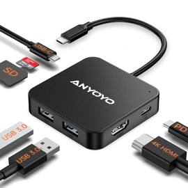ANYOYO 7-IN-1 USB Hub Type-C 100W PD Fast Charging 4K30Hz HDMI Port 2*USB A 3.0+1*USB C 3.0+1*USB C 3.0 5Gbps Super Speed Data Transfer, SD&TF Card Slot, USB-C Hub Compatible, MacBook Pro/Air and