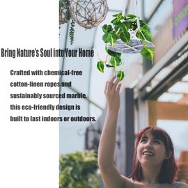 LUANT Handwoven Cotton Rope Plant Hanger with Natural Marble Base — Premium Indoor/Outdoor Macrame Basket, White