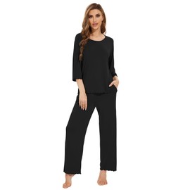 WiWi Womens Bamboo Pajamas 3/4 Sleeve Tops with Full Length Pants Pajama Sets Loose Comfy Warm Sleepwear Pjs S-XXL, Black, Large
