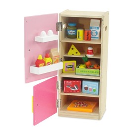 18 Inch Doll Wooden Play Kitchen Refrigerator Freezer Toy Gift Set, Includes 20 Pretend Food Accessories | Doll Not Included