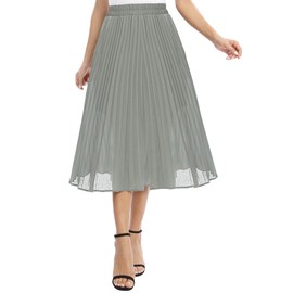 EXCHIC Women's Casual Chiffon Elastic Waist One Line Pleated Midi Skirt with Pocket, darkgray