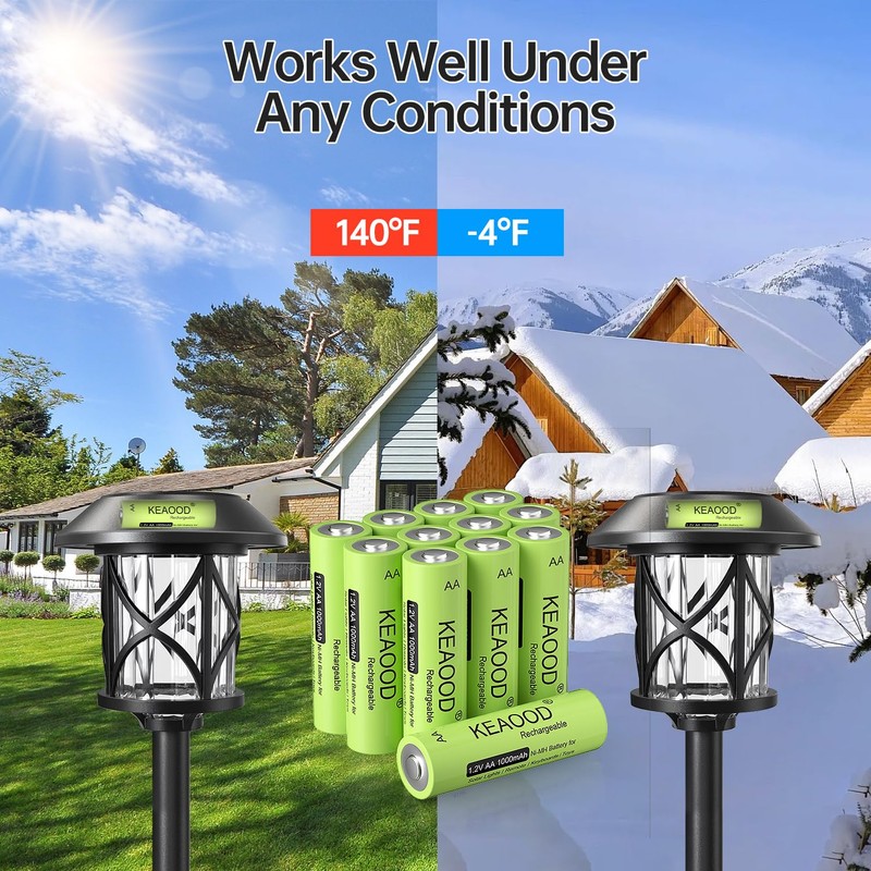 KEAOOD Ni-MH Rechargeable AA Solar Batteries 1.2v Pre-Charged 1000mAh Double