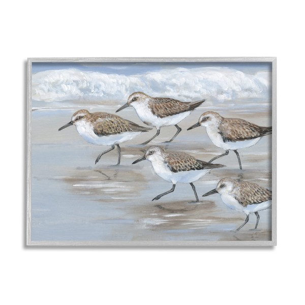 Stupell Industries Sandpiper Bird Flock Marching Beach Coast Waves Grey