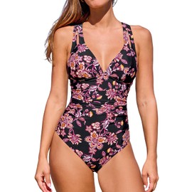 CUPSHE Women's One Piece Swimsuit Tummy Control Deep V Neck Double Straps Crisscross Back Tie Bathing Suit, M
