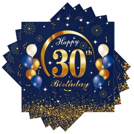 Blue Gold Happy 30th Birthday Napkins, Wentsent 40 Pcs 30th Happy Birthday Party Napkin Disposable, Birthday Serviettes Tissue Cocktail Napkins for Men Women He Her 40th Birthday Table Decorations