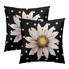 Evlaschin 18"x18" Watercolor Daisy Flower Pillow Covers Set of 2 White Black Polka Dots Cotton Throw Cushion Cover Spring Summer Floral Square Pillowcases for Sofa Couch Indoor Outdoor Decor