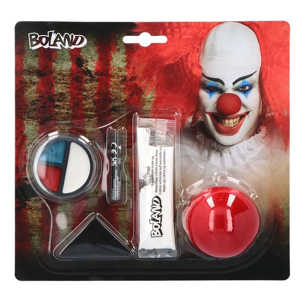 Boland 45094 Horror Clown Makeup Set Multi-Coloured Highly Pigmented Colour Intense with Nose, Makeup Pen, Makeup and Sponge