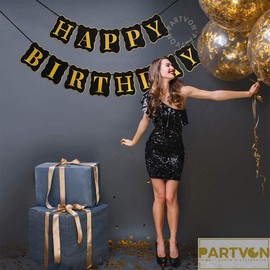 Black Gold Happy Birthday Banner, Premium Birthday Bunting Garland Decorations- Assembled | Luxurious Birthday Party Supplies for Women and Men