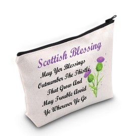 Scottish Thistle Makeup Cosmetic Bag Scottish Blessing Gift May Yer Blessings Outnumber The Thistle That Grow Travel Zipper Pouch (Scottish Thistle Bag)