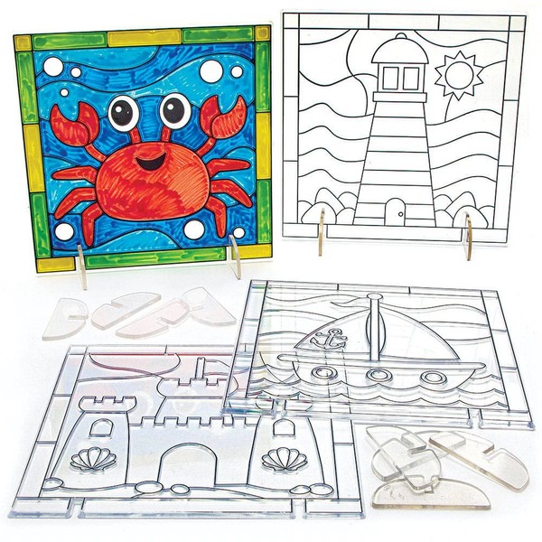 Baker Ross FC786 Seaside Suncatcher Pictures - Pack of 5, Painting Craft Kit for Kids, Stained Glass Window Crafts, Creative Summer Craft