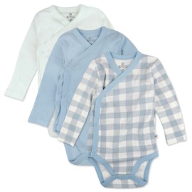 HonestBaby 3-Pack Organic Cotton Long Sleeve Side-Snap Kimono Bodysuits, Blue Painted Buffalo Check, 0-3 Months