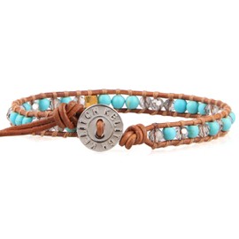 KELITCH Turquoise Beads Wrap Bracelet Natural Leather Adjustable Bracelets Crystal Beads Strand Bracelets, 水, 0