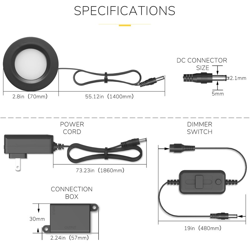 GETINLIGHT 2.75" Wide 3000K Dimmable LED Puck Lights Kit, Plug-in