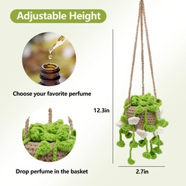 Cute Potted Plants Crochet Car Mirror Interior Aesthetic Decor, Green Ornament Crochet Hanging Plant for Car, Boho Car Plant Crochet Hanging Basket Handmade (Flower)